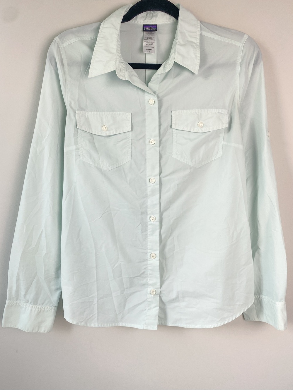 Patagonia Womens Long Sleeve Overcast Shirt 10 Light Blue Mint Button Up Pocket